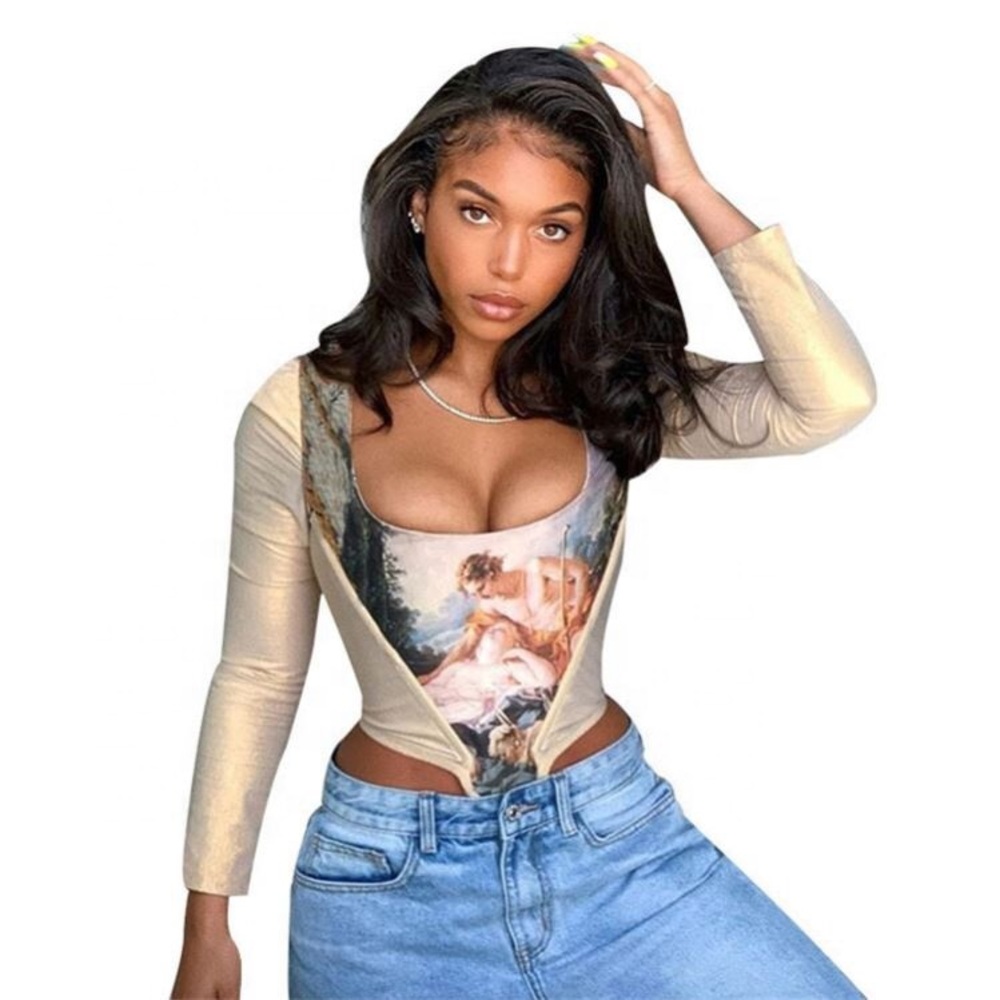 💋Stylish Historical Portrait U Neck Skinny Apricot Long Sleeve Crop Shirt